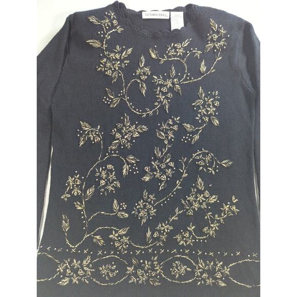 Victoria Jones Y2K Black Floral Embroidered Sweater Top Sz S Cottagecore - Picture 3 of 11